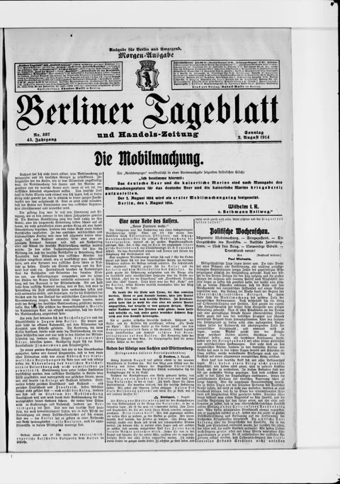 Berliner Tageblatt - 2 Août 1914